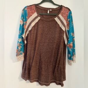 Cato Brown and Blue Raglan 3/4 Sleeve Tee
